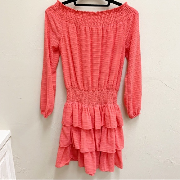 Michael Kors Womens Orange Swiss Dot Off Shoulder Ruffle Tiered Semi Sheer Dress - Picture 10 of 10